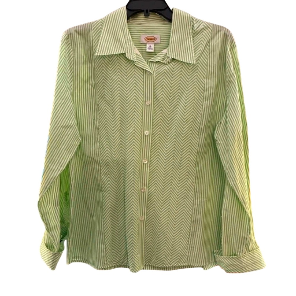 Talbots Button Down Shirt Womens 14 Green White Stripe Chevron Cotton Preppy